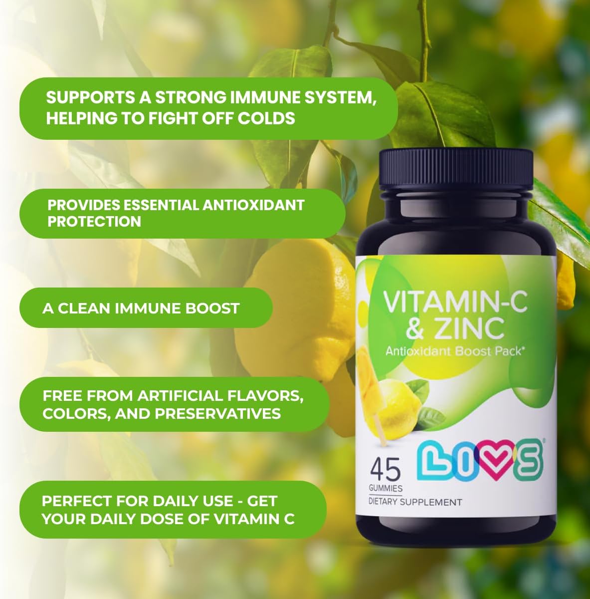 LIVS Gominolas de Vitamina C y Zinc para Adultos y Niños - 125mg Vitamina C y 20mg Zinc por Dosis - 45 Gominolas Veganas con Sabor a Limón