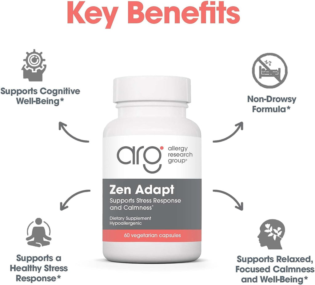 Allergy Research Group Zen Adapt - 200 mg L-Teanina, 125 mg Ashwagandha y 550 mg GABA - Apoyo al Estrés y la Calma - Cápsulas Vegetarianas - Fórmula Hipoalergénica - 60 Cápsulas