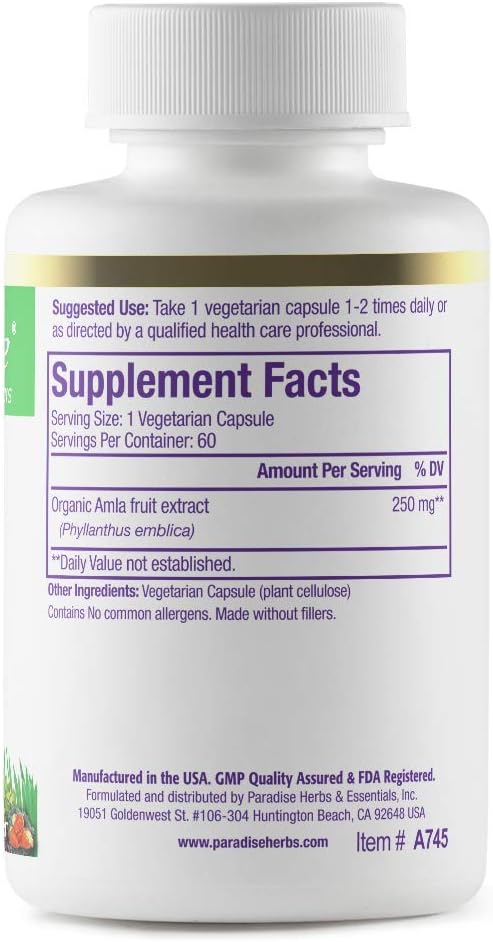 Paradise Herbs Amla – Organic Full-Spectrum Vitamin C, 250 mg, 60 Vegetable Capsules