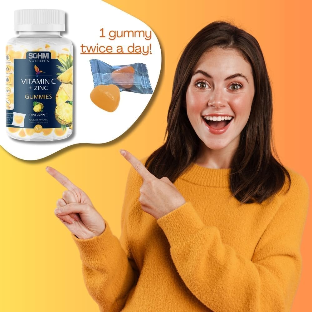 SOHM Vitamina C + Zinc Gominolas para Adultos | 60 mg Vitamina C + 15 mg Zinc | Sin Gluten, Sin Gelatina, Vegetarianas | 60 Unidades