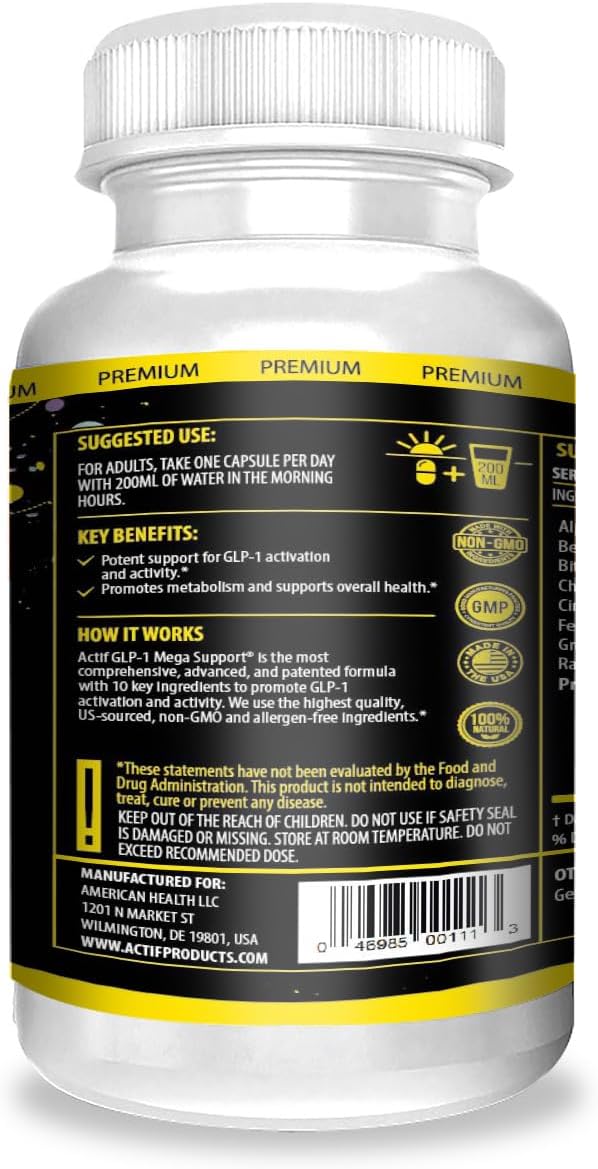 ACTIF GLP-1 Mega Support with 10 Advanced Weight Factors and Probiotics, 60 Capsules
