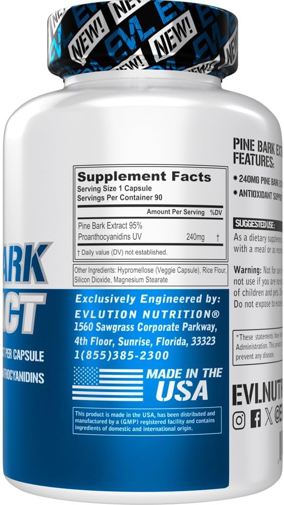 Evlution Nutrition Extracto de Corteza de Pino - 240 mg por Cápsula - 95% Proantocianidinas - Vegano y Sin OGM - 90 Cápsulas Vegetales