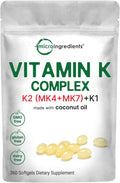 Super Vitamin K Complex (K2 MK7 + MK4 & K1), 360 Cápsulas de Aceite de Coco | Vitaminas K Fácilmente Absorbibles