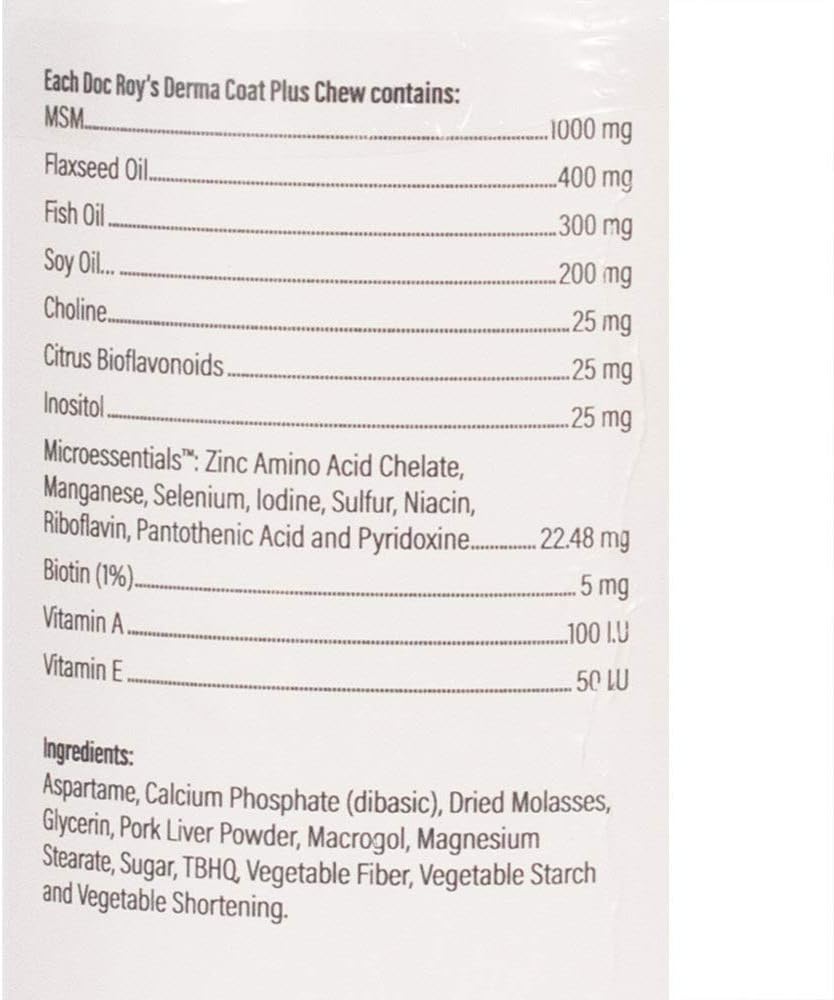 Suplemento Doc Roy's Derma Coat Plus para perros, apoya la piel, el pelaje y las uñas saludables, con ácidos grasos Omega 3-6-9, biotina y antioxidantes, 60 unidades para perros medianos y grandes