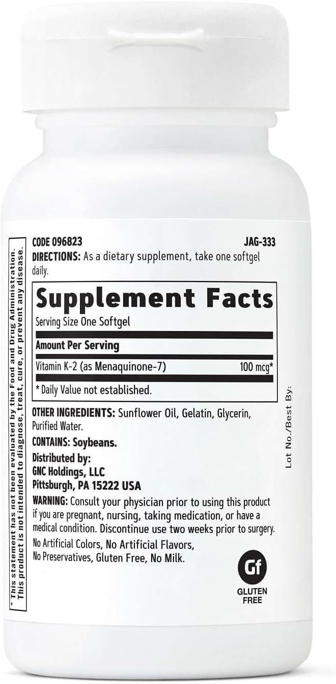 GNC Vitamina K-2 100mcg, Favorece el Proceso de Formación Ósea, 60 Cápsulas Blandas