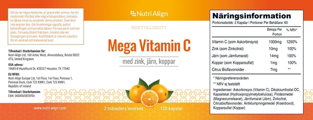 Nutri-Align Mega Vitamin C - 120 Cápsulas de Vitamina C 1000mg con Zinc, Hierro y Cobre