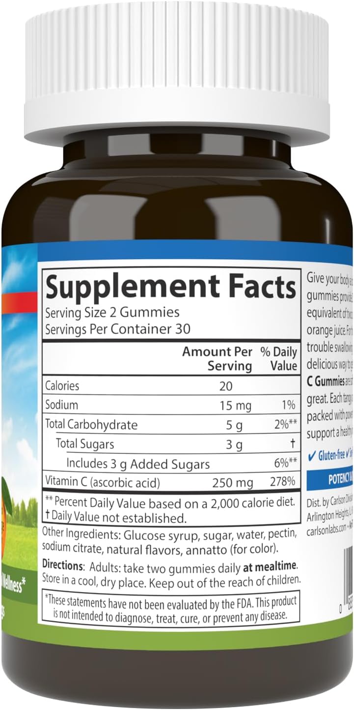 Carlson Vitamin C Gummies, 250 mg, Orange, 60 Vegetarian Gummies