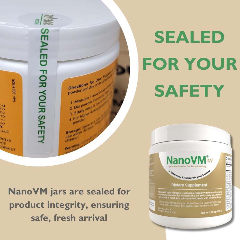 NanoVM t/f, Complemento Alimenticio para Nutrición por Sonda, Multivitamínico Infantil Hipoalergénico, Polvo sin Sabor con 14 Vitaminas y 13 Minerales, Bajo en Carbohidratos, 275 g – Solace Nutrition