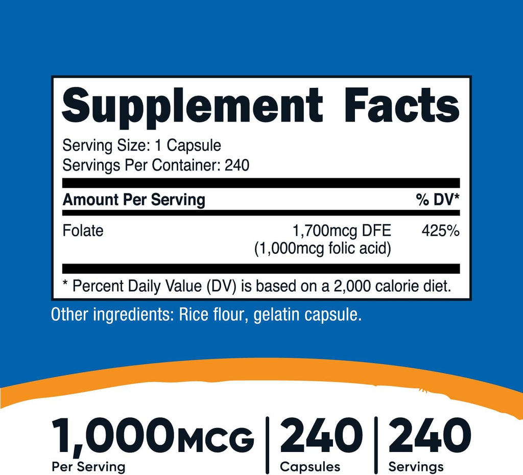 Nutricost Folic Acid (Vitamin B9) 1000 mcg, 240 Capsules
