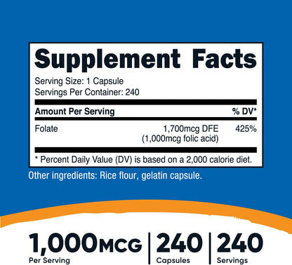 Nutricost Ácido Fólico (Vitamina B9) 1000 – El ácido fólico contribuye a la formación normal de las células – Image 2