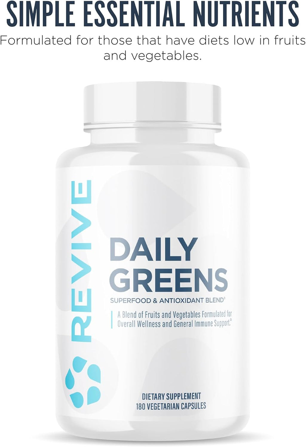 Revive MD Daily Greens - Suplemento de Superfoods y Antioxidantes con Enzimas Digestivas, Prebióticos y Probióticos - 180 Cápsulas (60 Dosis)