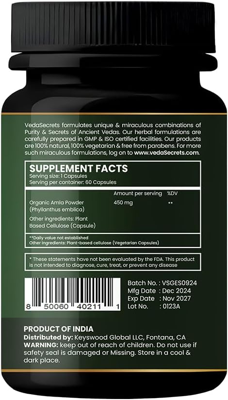VedaSecrets Cápsulas de Amla Orgánicas - 60 Cápsulas - Suplemento de Vitamina C Natural
