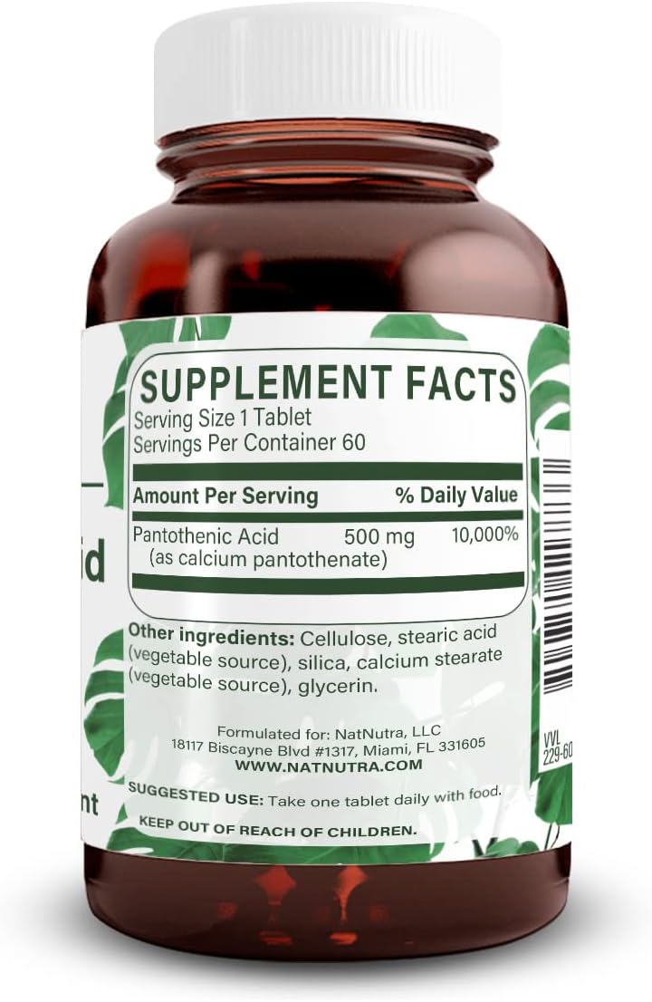Natural Nutra Ácido Pantoténico 500 mg - Vitamina B5, Liberación Prolongada, 60 Comprimidos Vegetarianos