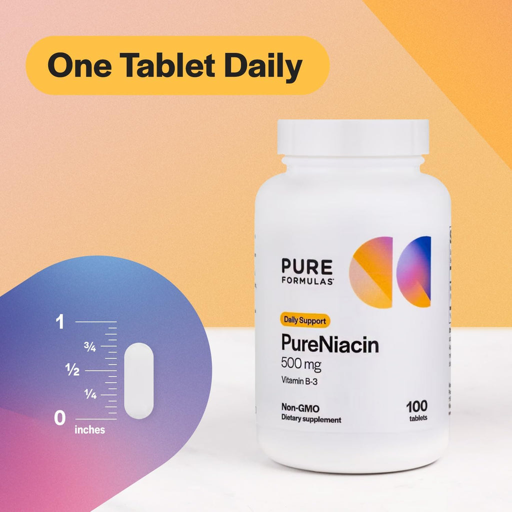 PureFormulas Pure Niacin - Vitamina B3, 500 mg Liberación Inmediata - Ácido Nicotínico - 100 Comprimidos - No OGM