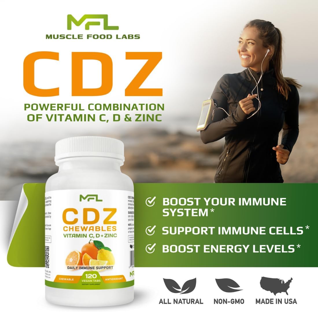 MUSCLE FOOD LABS C D Z Chewables - Vitamina C 1000 mg, Vitamina D3 y Zinc - 120 Comprimidos Masticables Vegetarianos