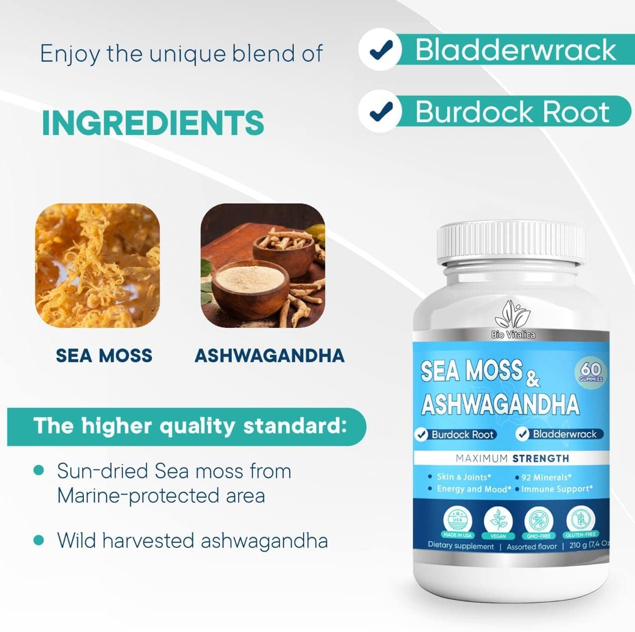 Gominolas Orgánicas de Sea Moss y Ashwagandha con Bardana y Bladderwrack - 60 Unidades Veganas