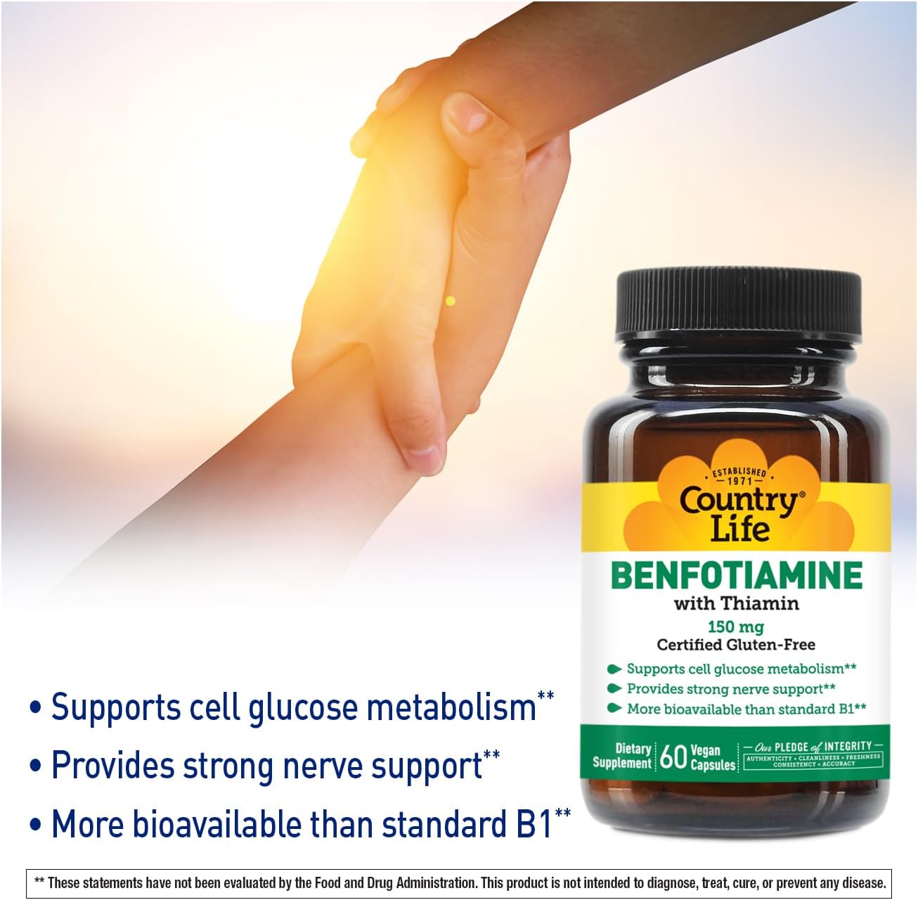 Country Life Benfotiamine with Thiamine, Nerve Health Support, 150mg, 60 Vegetarian Capsules, Certified Gluten-Free, Vegan
