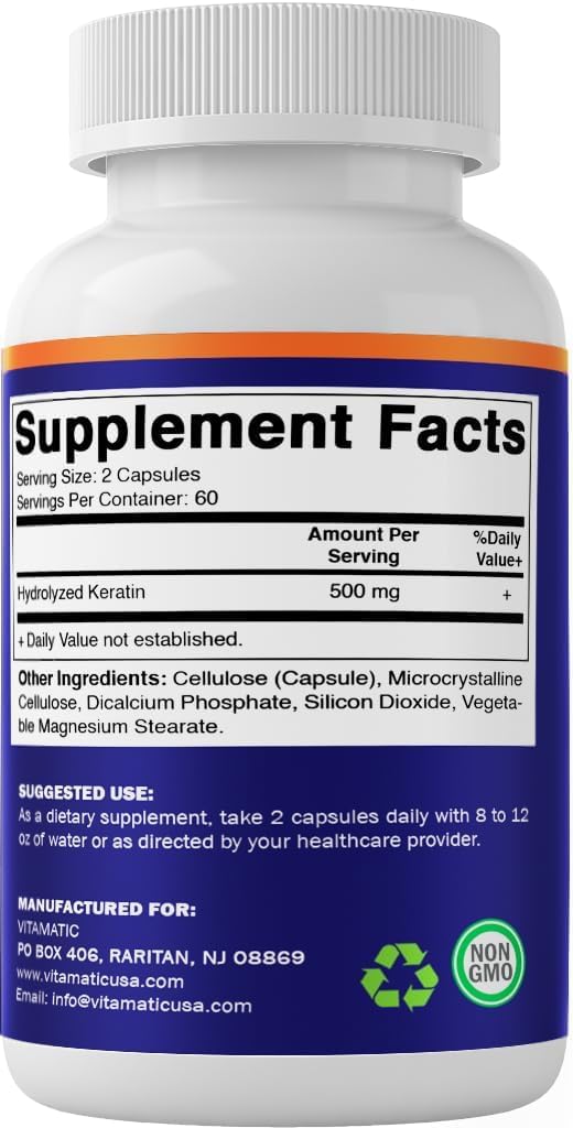 Vitamatic Queratina Hidrolizada 500mg por ración - 120 Cápsulas Vegetarianas - Suplemento de Queratina para Cabello, Piel y Uñas