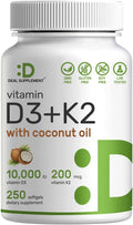 DEAL SUPPLEMENT Vitamina D3 10,000 UI + K2 MK7 200 mcg, 250 Cápsulas Blandas