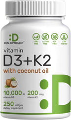 DEAL SUPPLEMENT Vitamina D3 10,000 UI + K2 MK7 200 mcg, 250 Cápsulas Blandas
