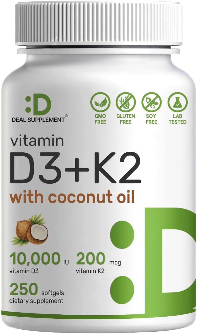 DEAL SUPPLEMENT Vitamina D3 10,000 UI + K2 MK7 200 mcg, 250 Cápsulas Blandas