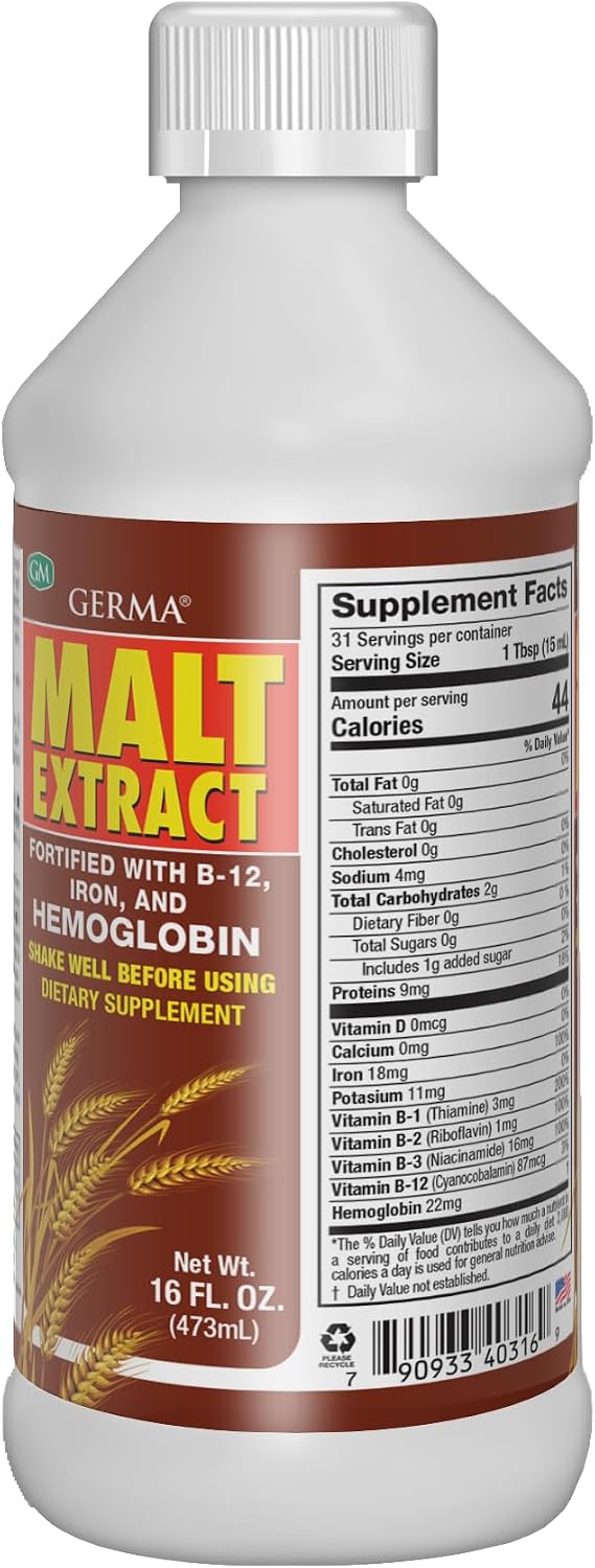 Germa Extracto de Malta – Suplemento dietético líquido para energía y vitalidad – Rico en vitaminas B y minerales esenciales – Apoyo nutricional tradicional – 16 fl oz