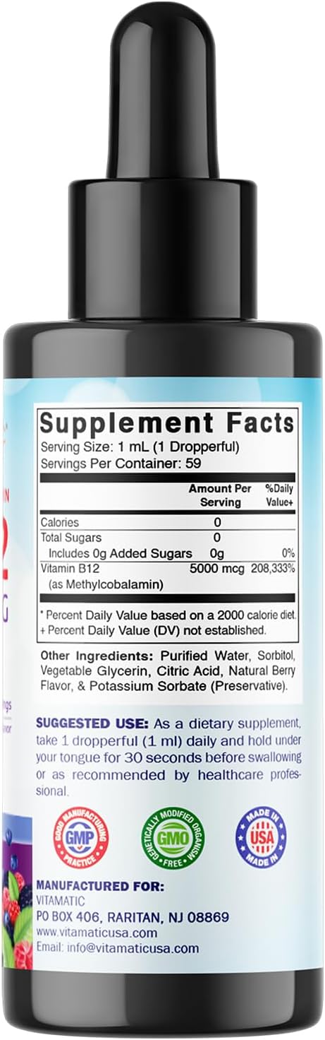 Vitamatic Vitamina B12 Líquida 5000 mcg Metilcobalamina, Sabor Natural a Bayas, Pack de 2
