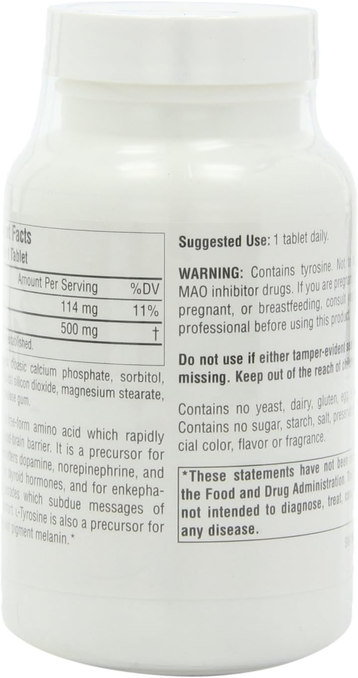 Source Naturals L-Tyrosine 500mg Free Form Amino Acid - 100 Tablets (Pack de 3)