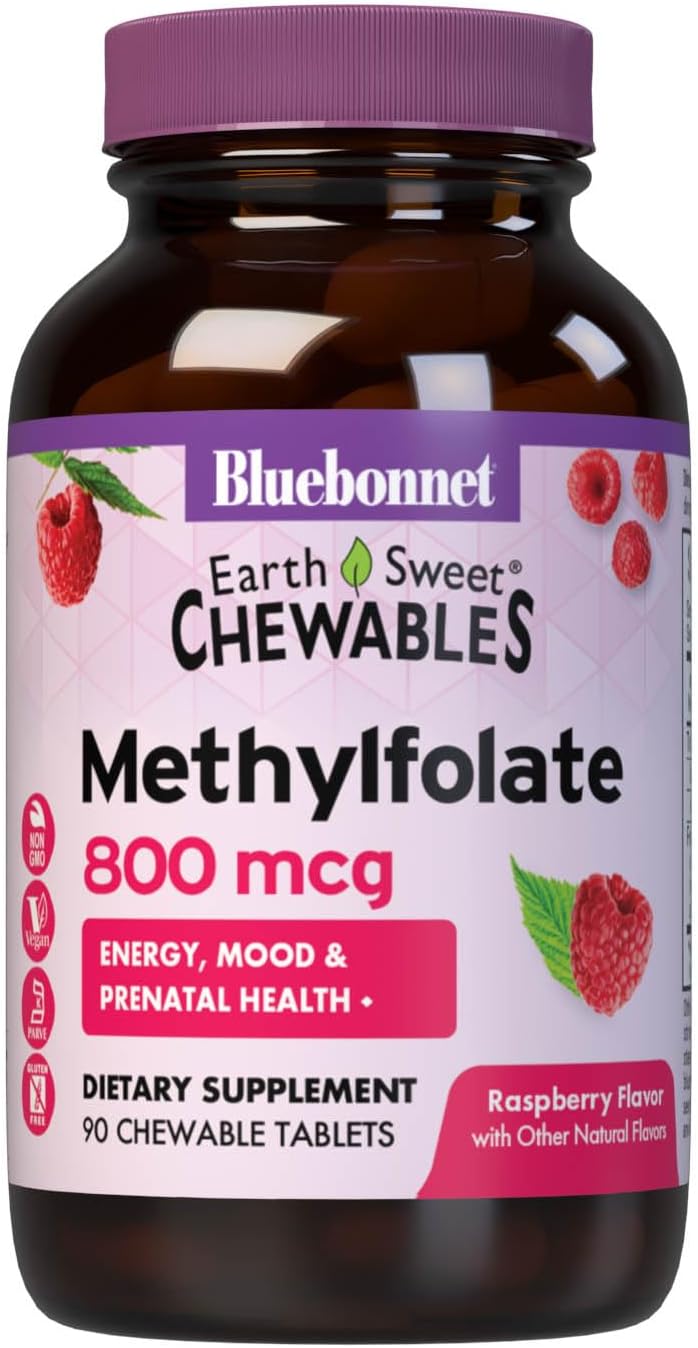 Bluebonnet EarthSweet Methylfolate 800 mcg - Dietary Supplement with Active 5-MTHF - 90 Raspberry Flavored Chewable Tablets
