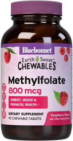 Bluebonnet EarthSweet Methylfolate 800 mcg - Dietary Supplement with Active 5-MTHF - 90 Raspberry Flavored Chewable Tablets