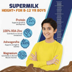 Supermilk Height+ para niños de 8 a 12 años, bebida saludable en polvo, alto contenido proteico con calcio + D3, 21 vitaminas y minerales, sin azúcar refinado, chocolate doble natural, 400 g