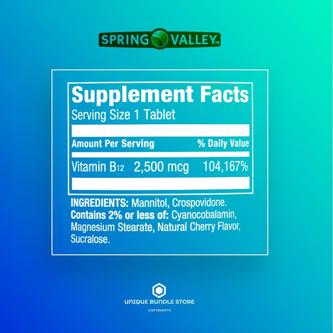 Spring Valley Vitamina B12 2500 mcg Comprimidos de Disolución Rápida Sabor Cereza, 120 Comprimidos