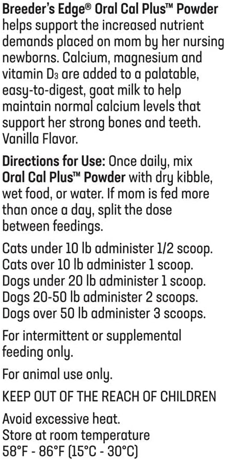 Breeder’s Edge Oral Cal Plus Powder, Calcio y Vitamina D₃ para Perros y Gatos Lactantes, 1 kg