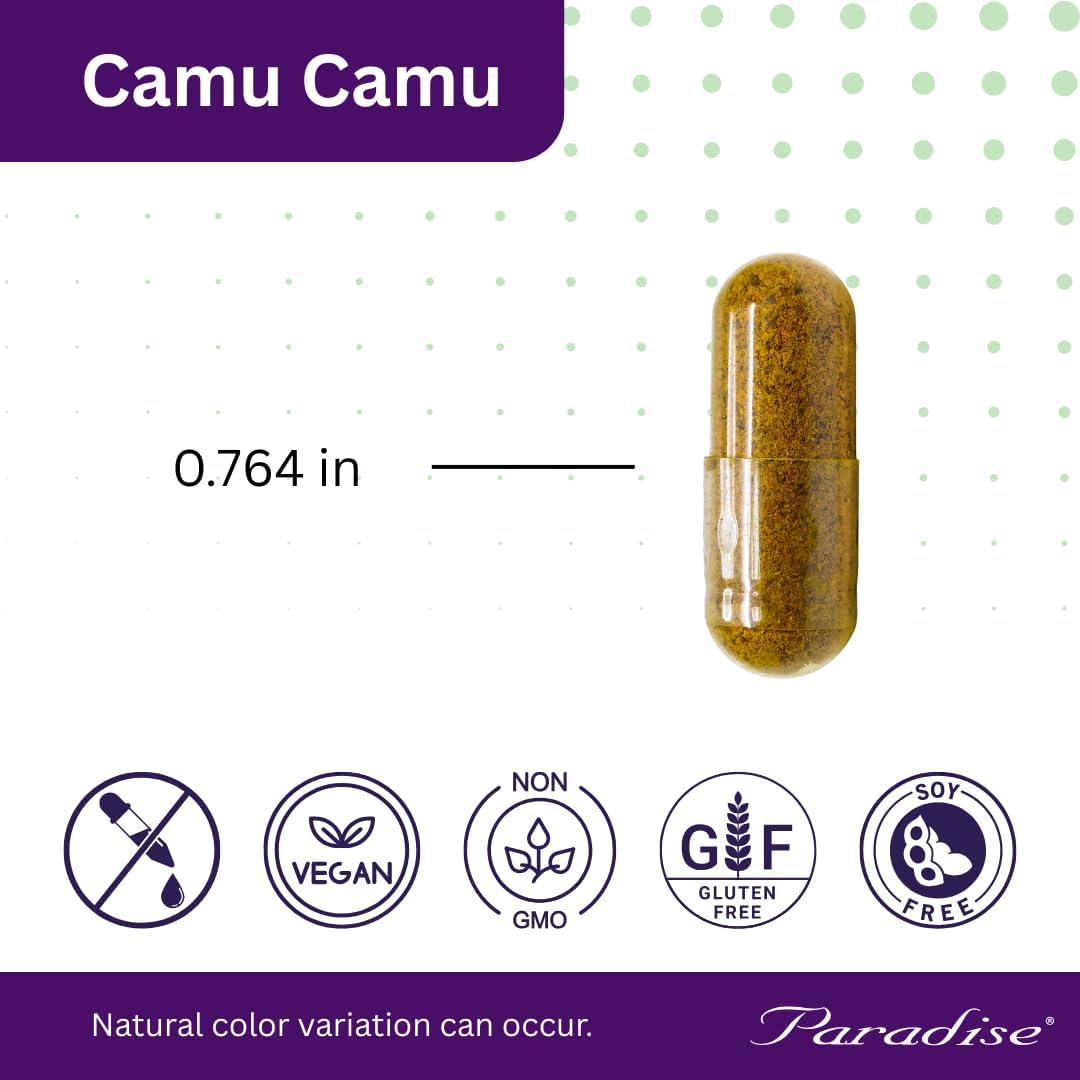 Paradise Herbs, Extracto Orgánico de Camu Camu, 400 mg, Rico en Vitamina C, Puro y Potente, Sin Gluten, No GMO, Vegano, 60 Cápsulas