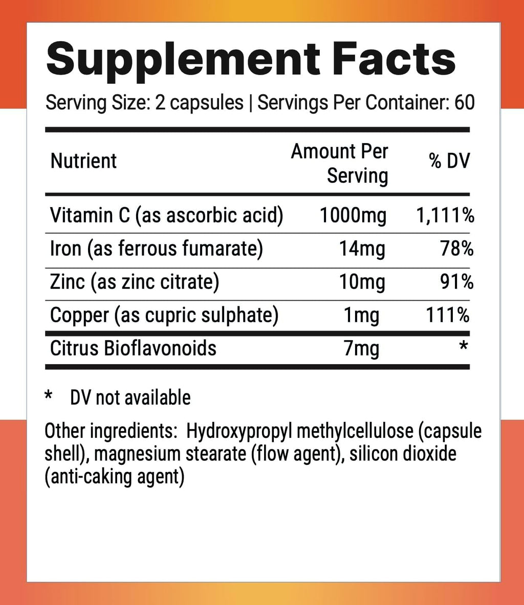 Nutri-Align Mega Vitamin C - 120 Cápsulas de Vitamina C 1000mg con Zinc, Hierro y Cobre