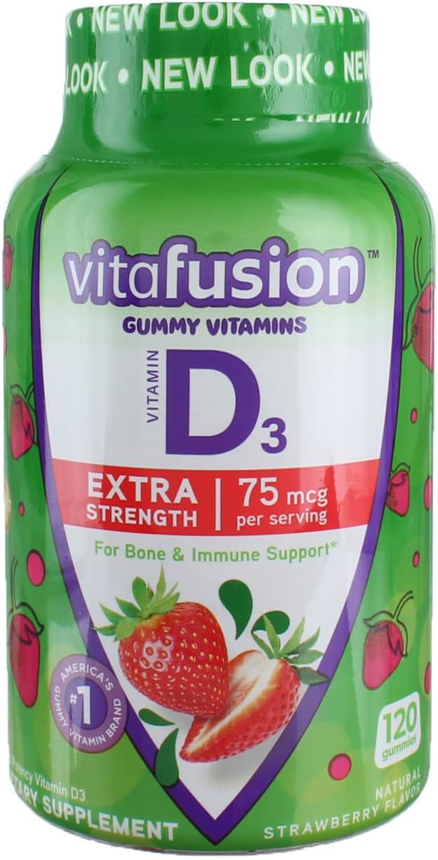 Vitafusion Extra Strength Vitamin D3 Gummies, Natural Strawberry Flavor, 120 Count (Pack of 2)