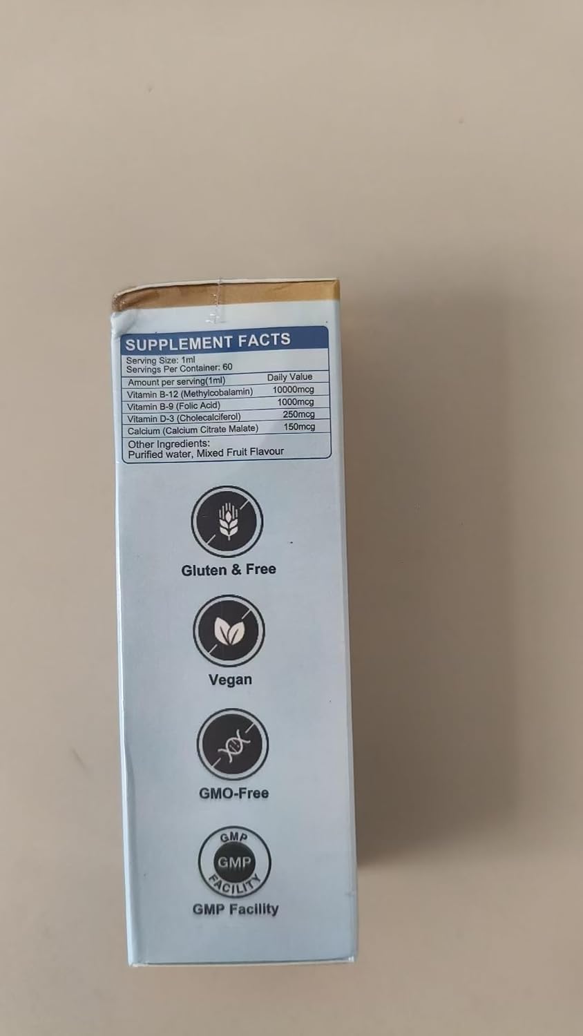Biduka Gotas Sublinguales de Vitamina B12 10.000 mcg - Fórmula única con D3, B9 y Calcio - Vegano, No Transgénico, Sin Gluten