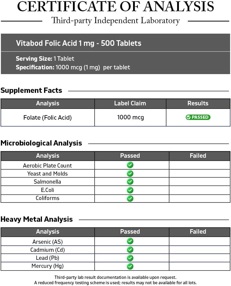 Vitabod Ácido Fólico 1 mg (1000 mcg) - 500 Comprimidos Veganos