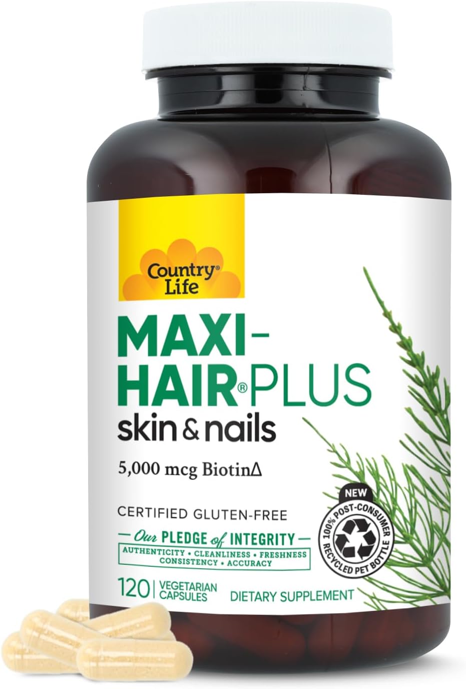 Country Life Maxi-Hair Plus - Biotina 5000 mcg para Cabello, Piel y Uñas - 120 Cápsulas Vegetales