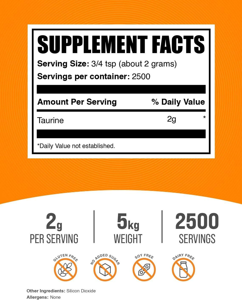 Polvo de Taurina de BulkSupplements.com - Suplemento de Aminoácidos sin Sabor y Sin Gluten, 2g por Ración, 5kg (Paquete de 5)