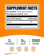 Polvo de Taurina de BulkSupplements.com - Suplemento de Aminoácidos sin Sabor y Sin Gluten, 2g por Ración, 5kg (Paquete de 5)