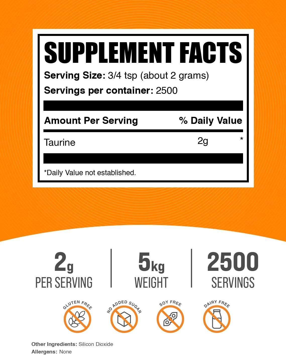 Polvo de Taurina de BulkSupplements.com - Suplemento de Aminoácidos sin Sabor y Sin Gluten, 2g por Ración, 5kg (Paquete de 5)