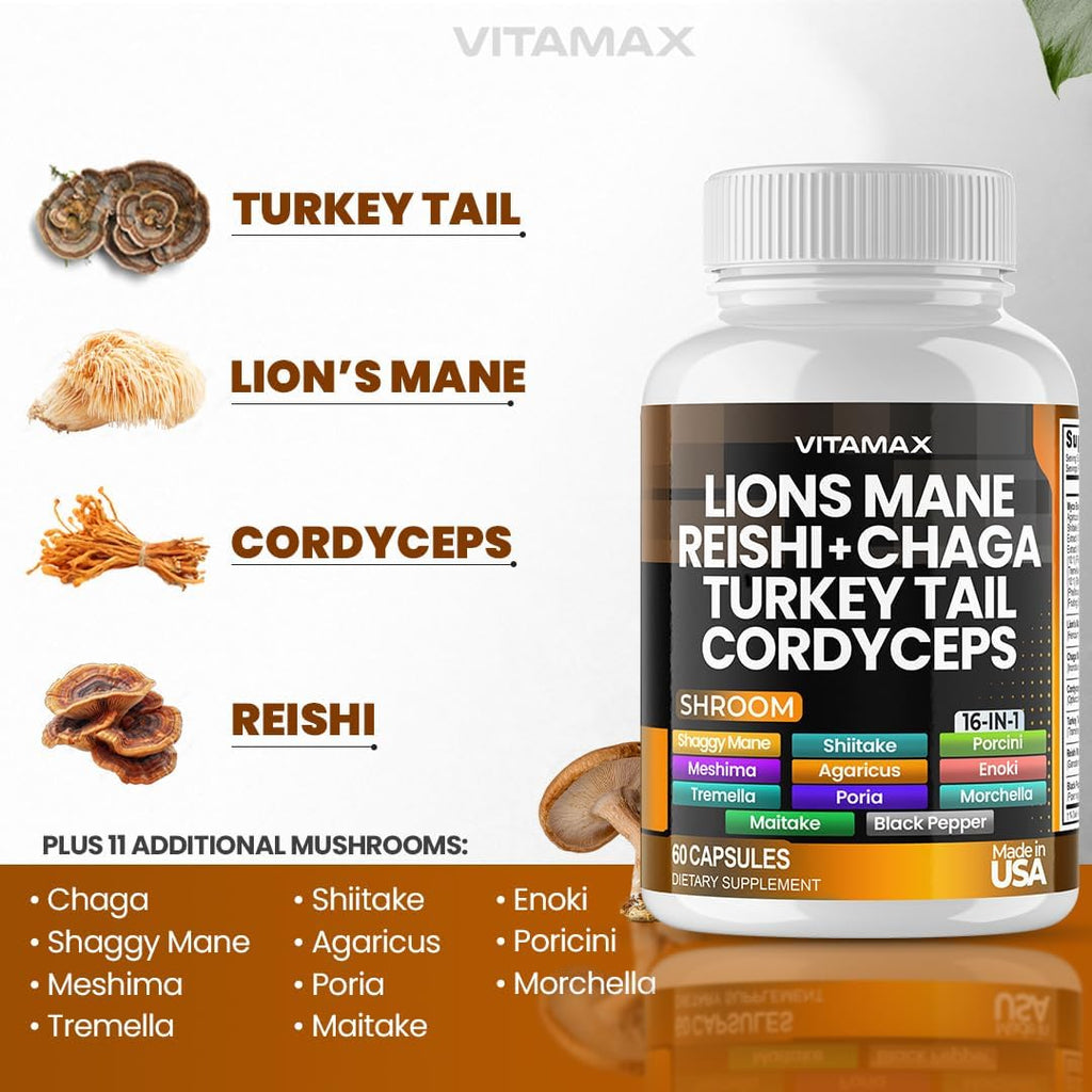 Vitamax MycoBoost Mezcla de Hongos: Melena de León, Cola de Pavo, Chaga, Reishi, Cordyceps, Shiitake y más