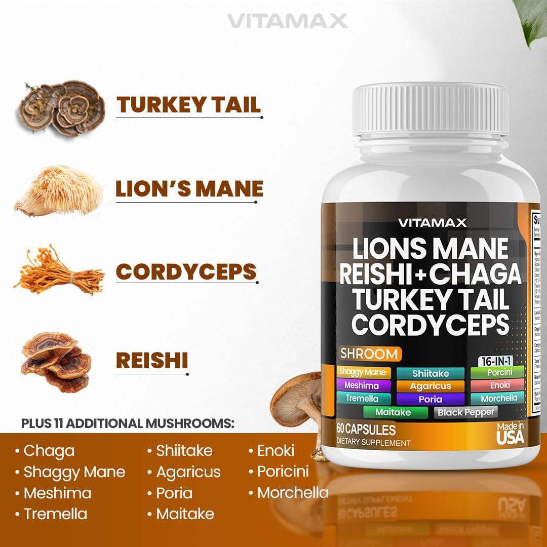 Vitamax MycoBoost Mezcla de Hongos: Melena de León, Cola de Pavo, Chaga, Reishi, Cordyceps, Shiitake y más