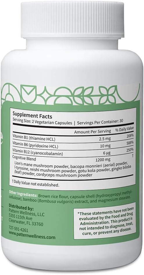 Pattern Wellness Complejo Cognitivo – Apoya la Salud Cerebral y la Claridad Mental – con Lion's Mane, Bacopa y Vitaminas B – 60 Cápsulas Vegetarianas