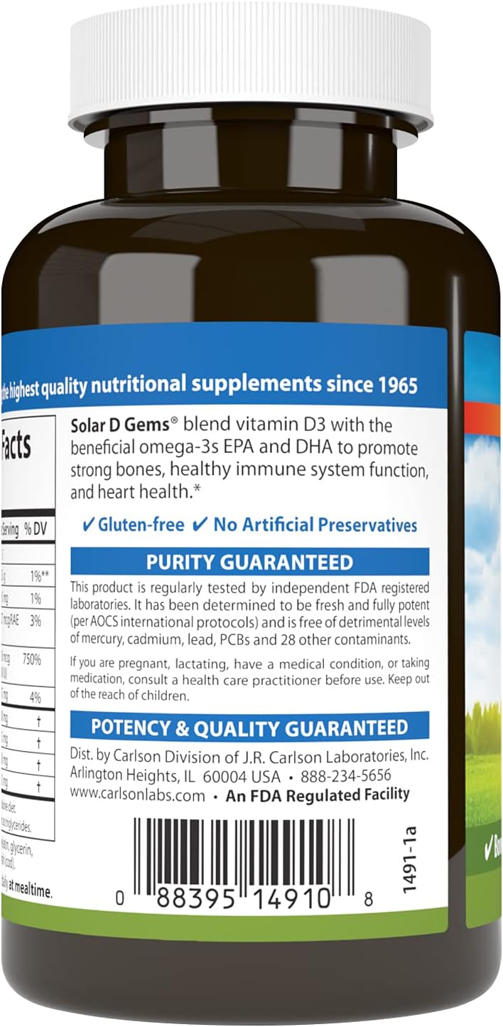 Carlson Solar D Gems, Vitamina D3 y Omega-3, 6000 UI, 120 Cápsulas Blandas