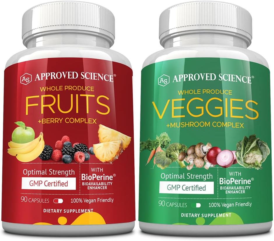 Approved Science Fruits & Veggies - Suplemento de 42 Frutas y Verduras Integrales con Superfoods - 90 Cápsulas