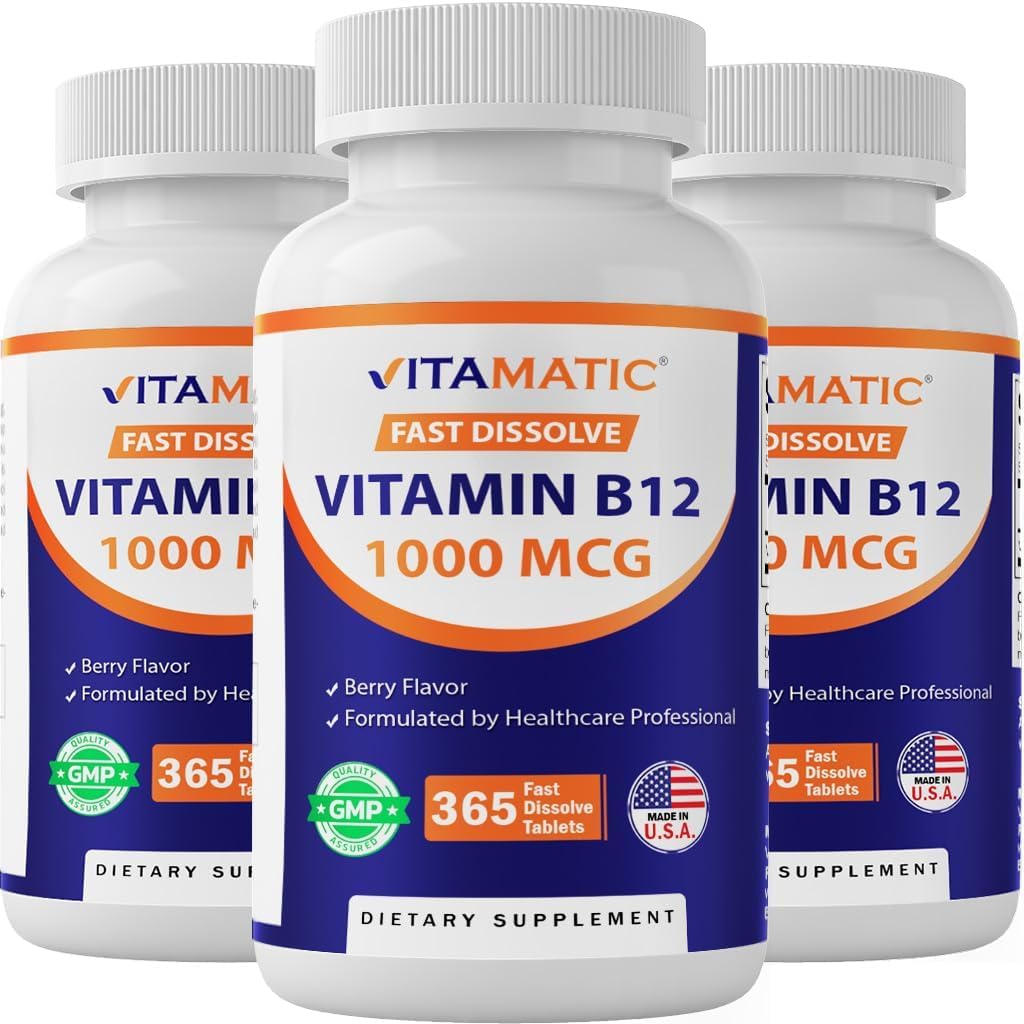 Vitamatic Vitamina B12 1000 mcg – Tabletas de Disolución Rápida con Sabor a Bayas – 2 Frascos de 365 Tabletas – Apoyo al Metabolismo Energético y Sistema Nervioso