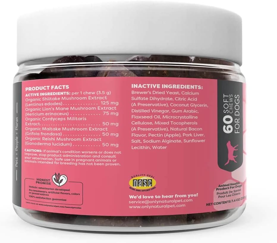 Only Natural Pet Mezcla de Hongos para Perros - Apoyo Inmunológico, Digestivo y Celular - 60 Gomitas Suaves Sabor Bacon