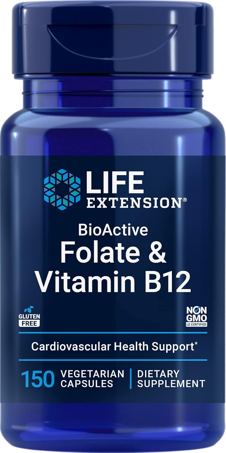 Life Extension BioActive Folate y Vitamina B12, 150 Cápsulas Vegetarianas - Suplemento No Transgénico y Sin Gluten